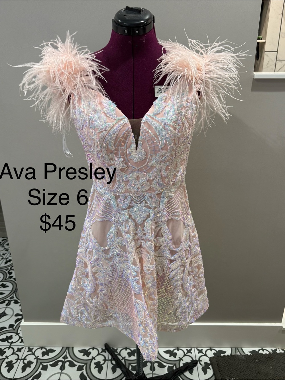 Ava Presley Feather-Shoulder Embellished Sequin Mini Dress - Blush Iridescent